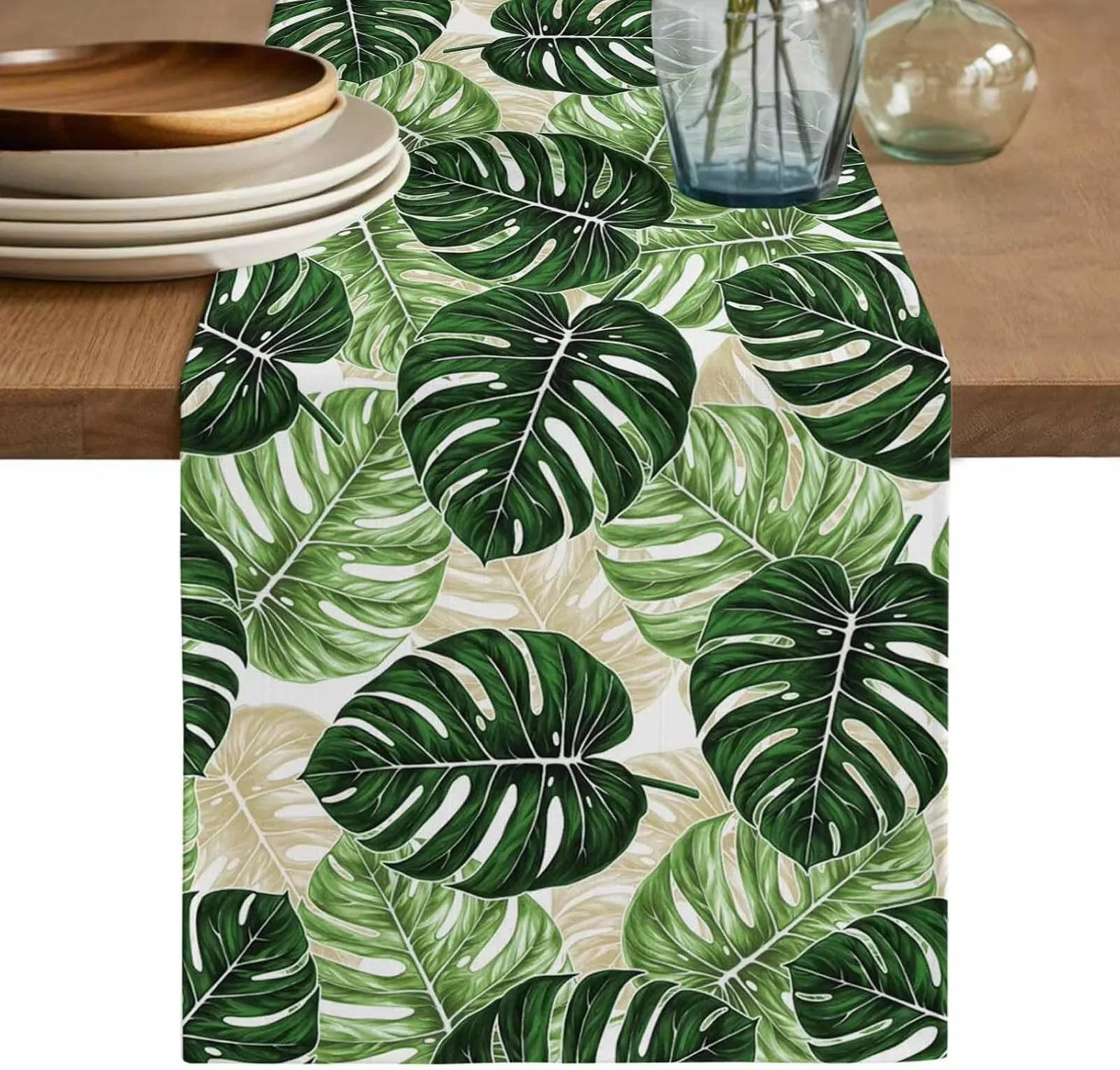 Summer Green Palm Table Runner Linen, Tropical Washable Decor for Holiday Party and Dining Celebration