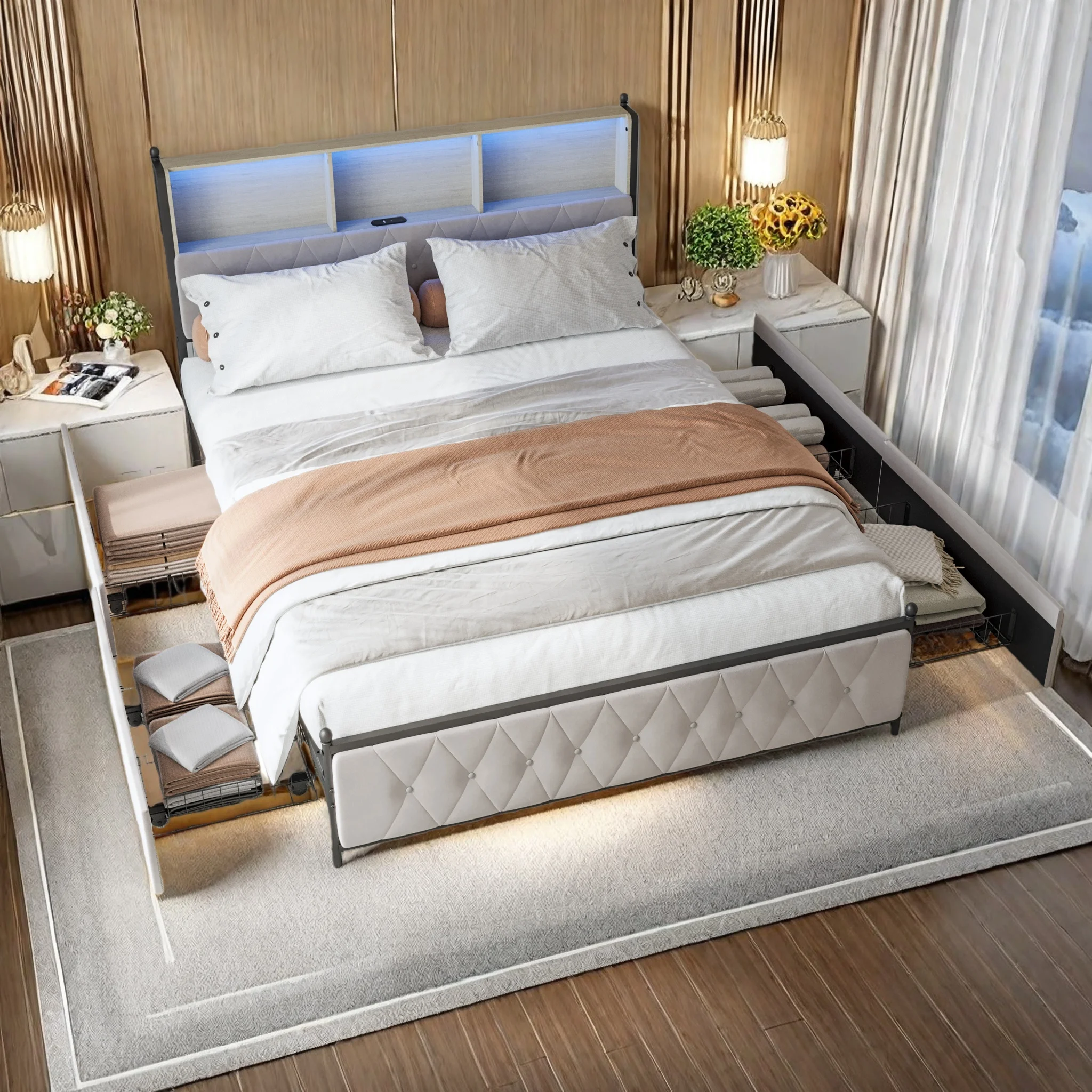 Lazyspace Bettgestell mit Lattenrost, 140/160/190x200cm, LED-Beleuchtung und 4 Aufbewahrungsschubladen, gepolstertes Doppelbett für Erwachsene, Jugendbett, Beige, Samt