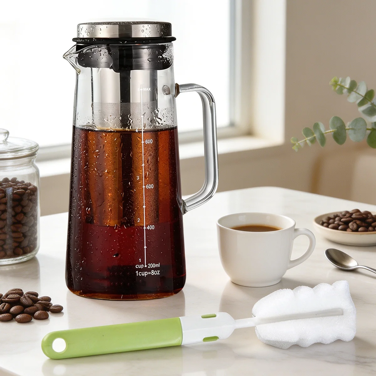 1L/33.82oz Cold Brew Coffee Maker with Handle, Extended Stainless Steel Filter with Cleaning Brush for Iced Coffee, Tea