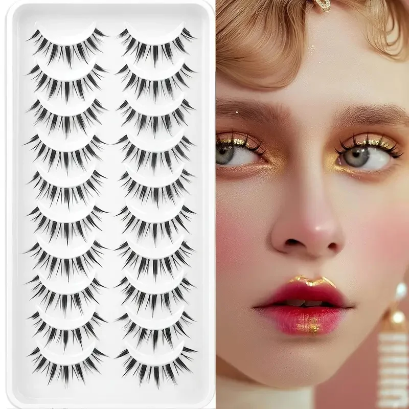 10 Pairs of Cartoon Demon Eyelashes - Natural Appearance, Pointed Cat Eyes, Single Cluster, Korean Anime Fake Eyelashes - Lightw