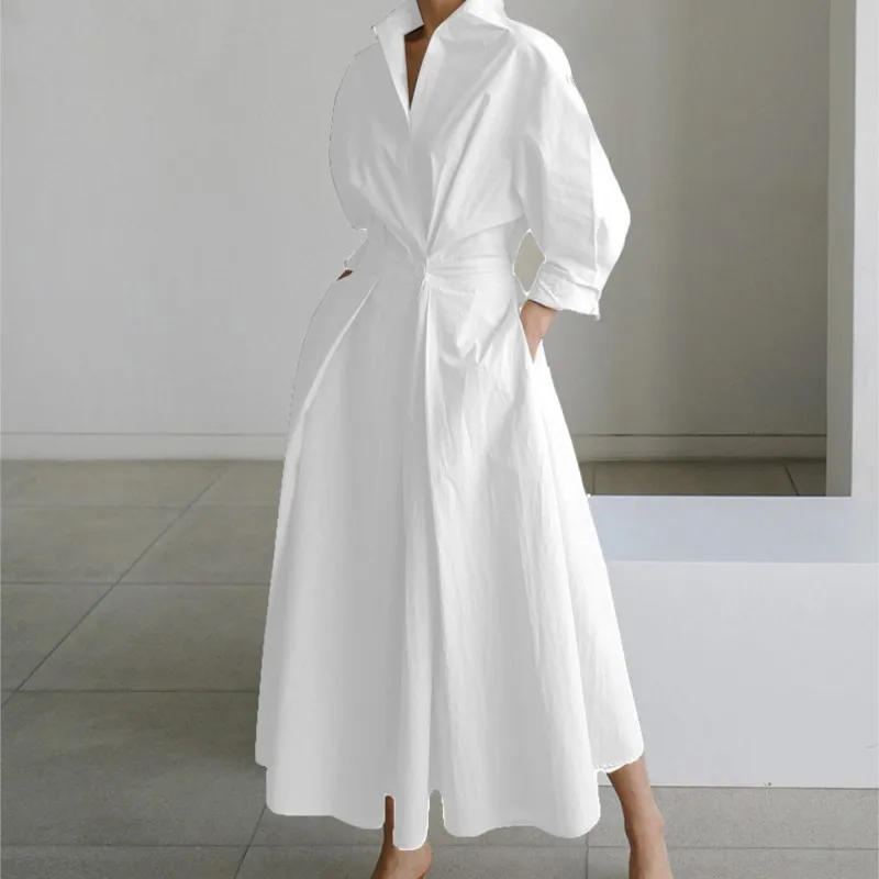 

Classic Chic Button-Down Shirt Dress Women Everyday Wear Long Sleeve Lapel Dot Print White Long Dresses Elegant Summer Dress