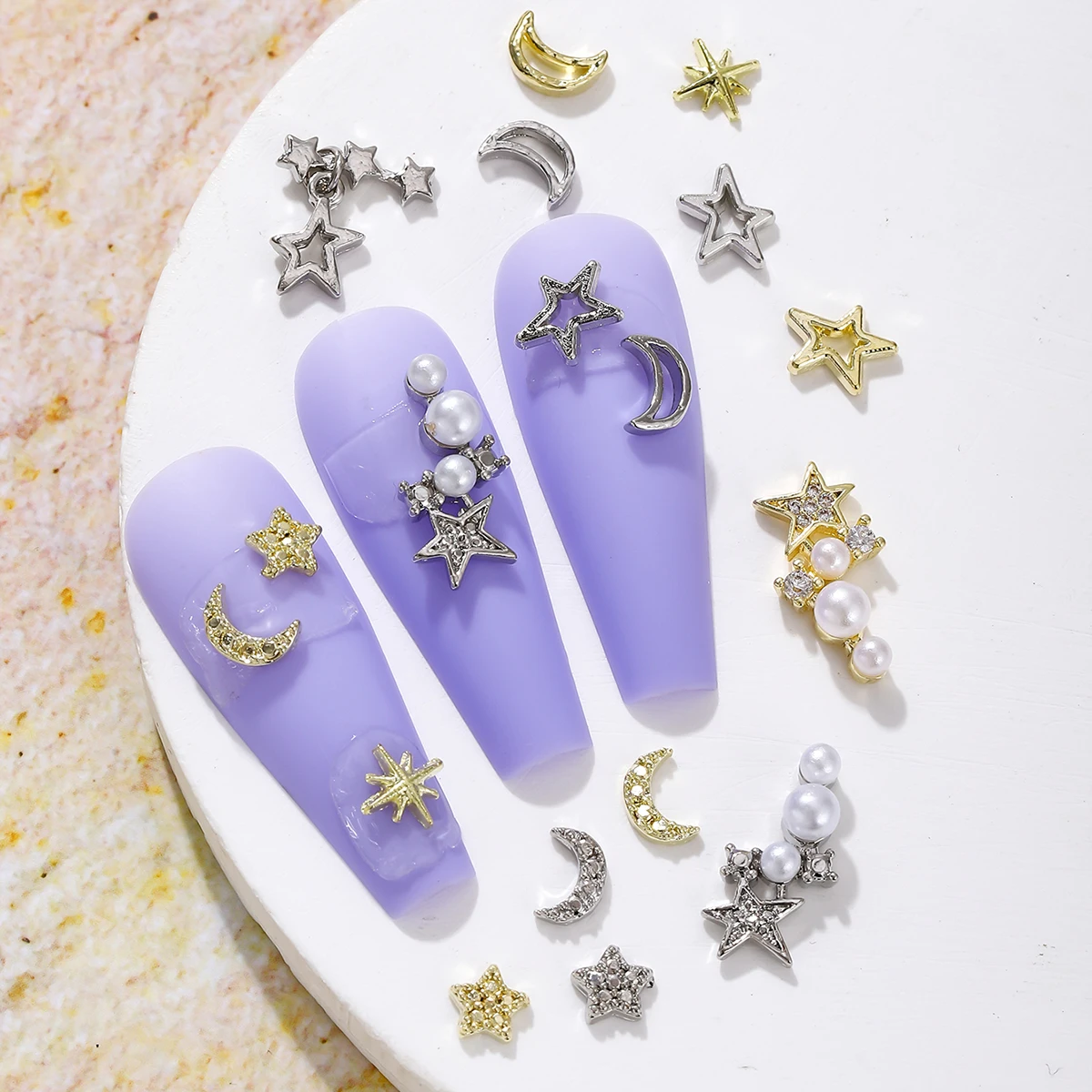 60 gold and silver mini stereo-star Pentagram Crescent Manicure decoration, y2k alloy rhinestone nail sparkly simple nail drill