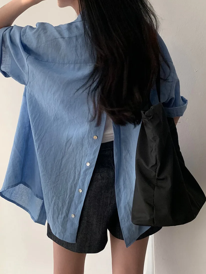 

Women's Summer ort Sve Sun Protection Loose Thin irt Versatile Collar Middling Length Casual Commute Sle Top
