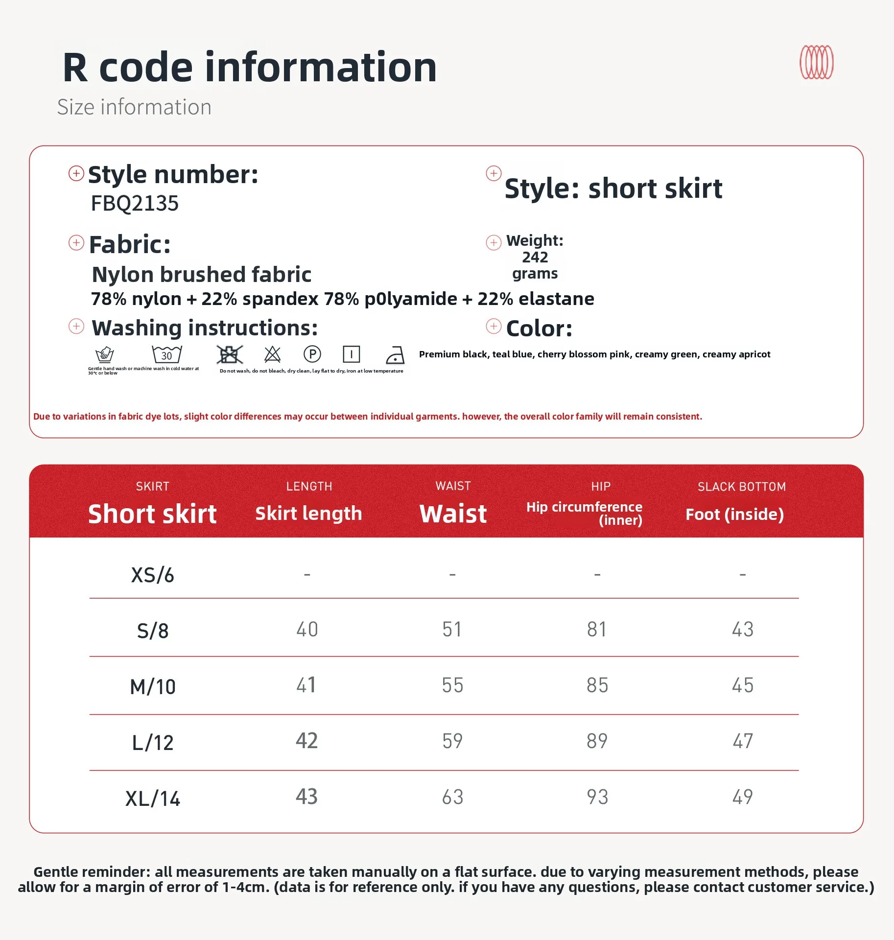 Size chart and fit details