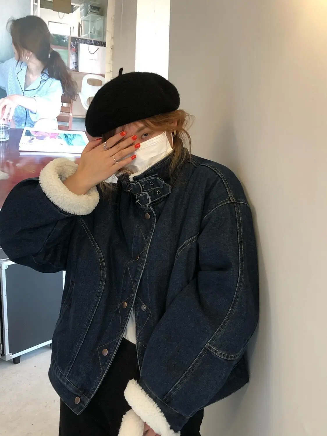 

Denim Coat For Woman With Hoodie Fur Plush Womens Autumn Loose-Fit Business Casual City Commuting Anti-Wrinkle Patchwork Sashes