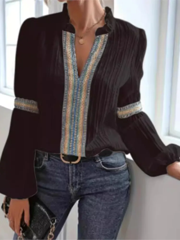 Spring Autumn Woman's Elegant Long Sleeves Shirt Female Fashion Lace Trim V-neck Loose Lantern Sleeves Tops Lady Office Blouses