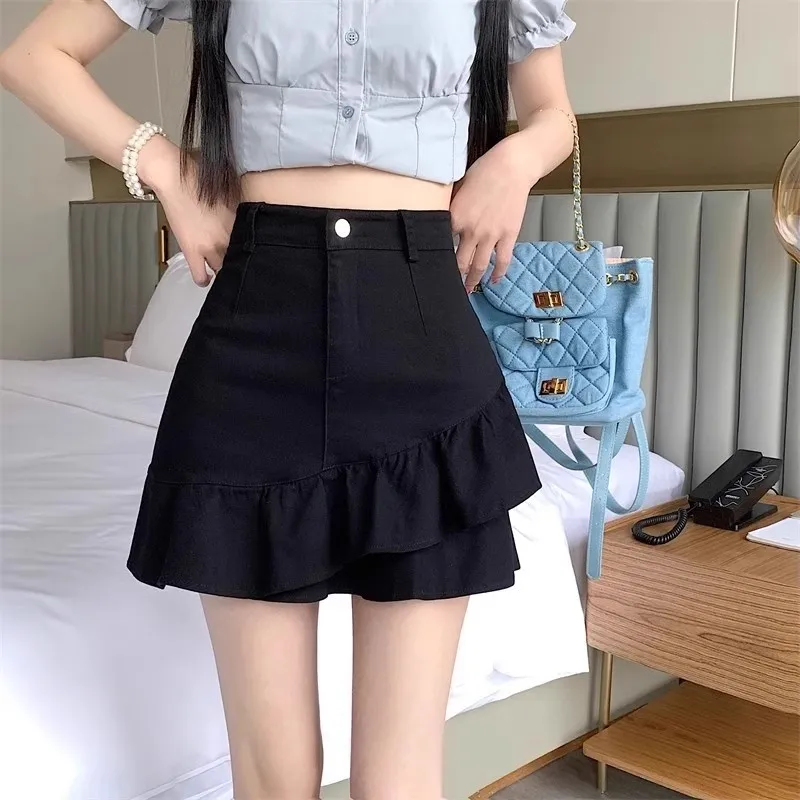 Women's 2025 Summer Versatile High-Waisted Flared A-Line Slim-Fit Ruffle Hem Fishtail Denim Mini Skirt