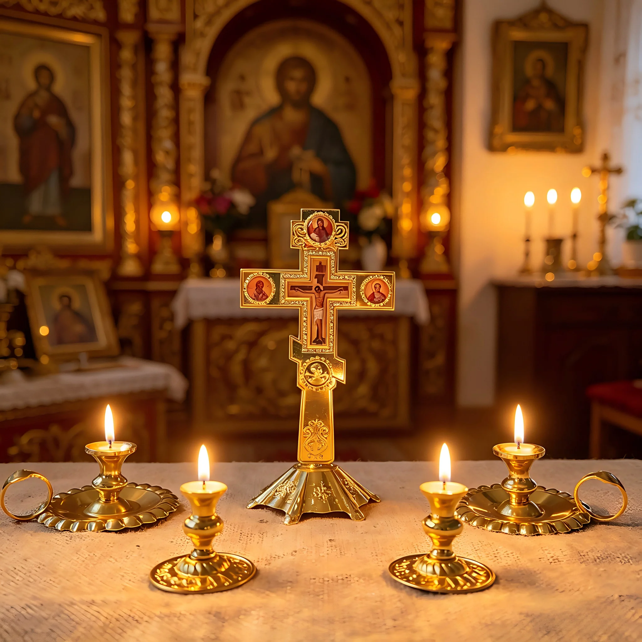 Neues vergoldetes orthodoxes Standkreuz mit heiligen Ikonen-Basis für Kirchenliturgie, Hausaltar, Gebet, christliches religiöses Geschenk, Dekoration – Detail 3