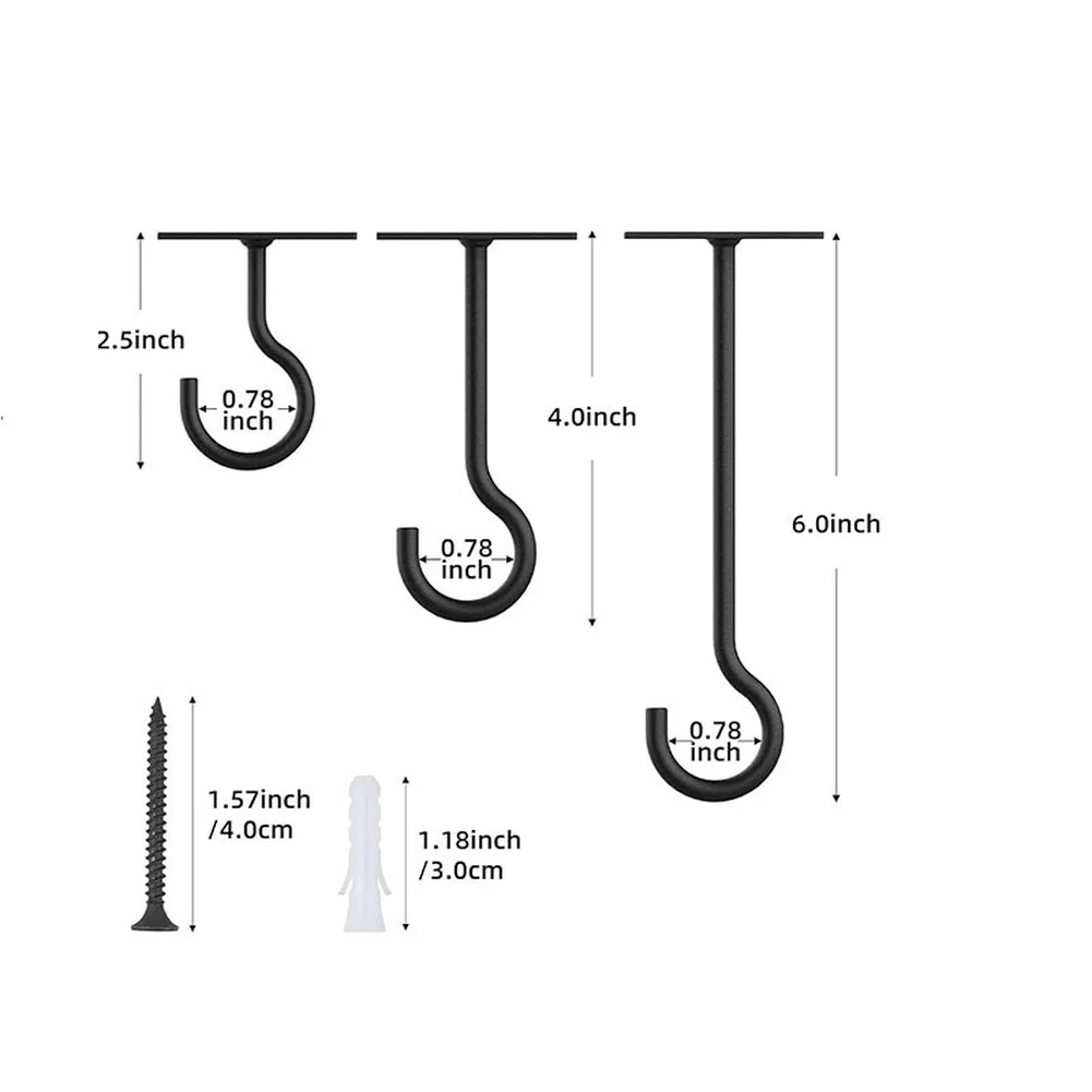 4 Pack Iron Wall Hooks Matte Black White for Hanging Flower Pots Lamps Wind Chimes 2.5in 4in 6in Indoor Outdoor Use
