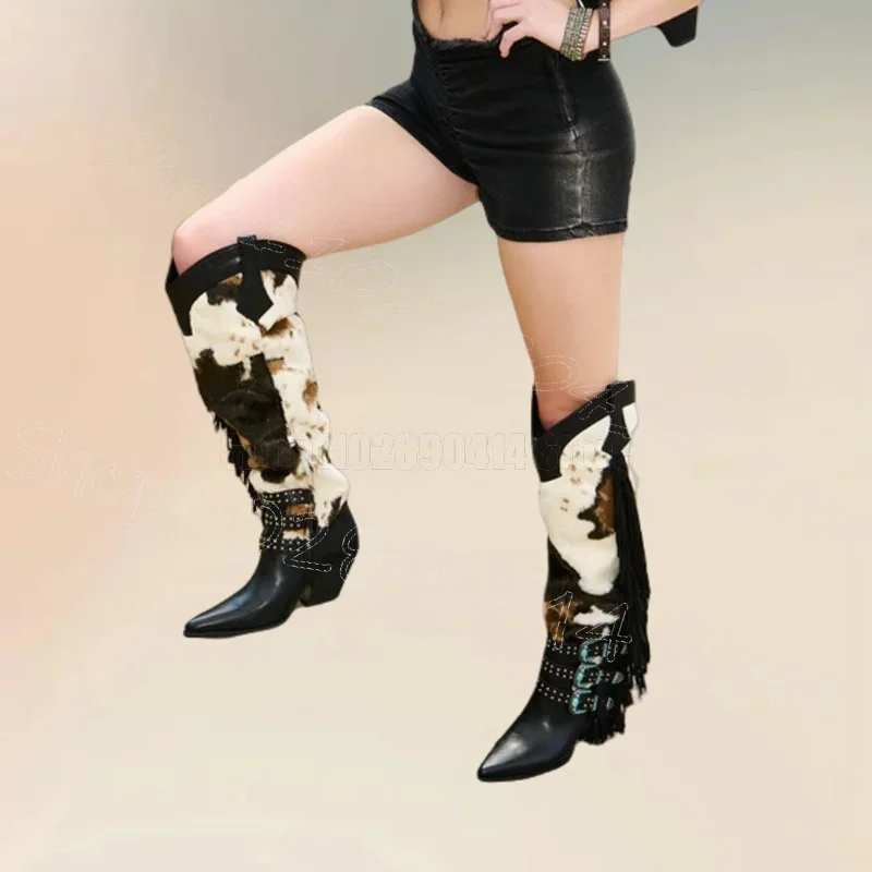 

Totem Print Buckle Design Pointed Toe Tassels Boots Slip On Women Shoes Chunky High Heels Party Banquet 2025 Zapatos Para Mujere