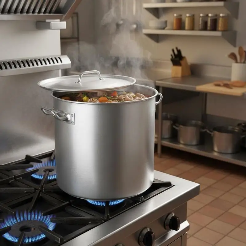 

Large Stock Pot 24 Quart For Induction Cooktop Outdoor Grill Gas Stove, Heavy Duty Mirror Polished Culinary Vessel Double Handles Tight Fitting Lid Silver Finish Cooking Pot
