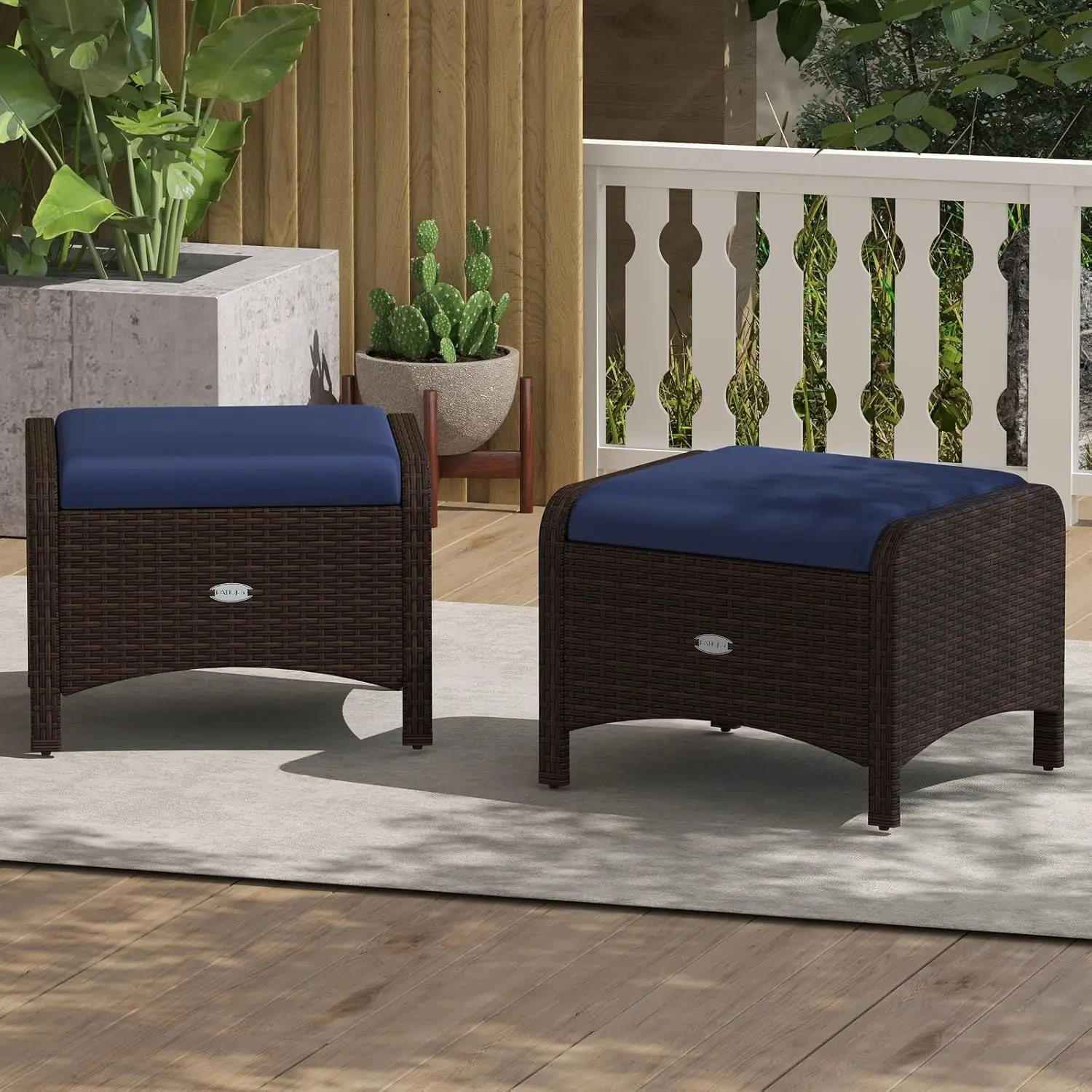 Wicker Ottoman Set Rattan Footstool w/Removable Cushion Patio Porch Garden Backyard 2pcs ,Custom