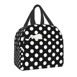 Borsa per il pranzo a pois in bianco e nero per le donne Borsa termica portatile isolata per alimenti Lunch Box Borse da picnic per viaggi scolastici da lavoro