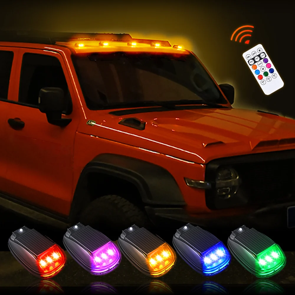 1/2/4x RGB Solar Powered LED Strobe Light Bar Remote Control, Roof Mount Warning Anti-Collision Pilot Light for Car Truck SUV