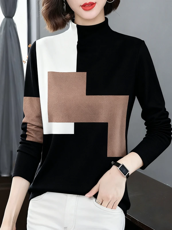 

Элегантный теплый топ с полувысоким воротником и геометрическим цветовым блоком для женщин среднего возраста, модная одежда для мам, полиэстер, длинный рукав