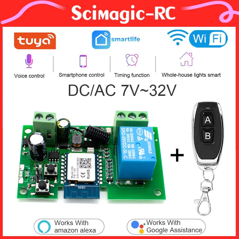 Tuya-Wi-Fiスマートスイッチモジュール,ワイヤレスリモコン,タイマー付き,セルフロック,USB,リレー,RF 433機能,5v,7-32v,220v