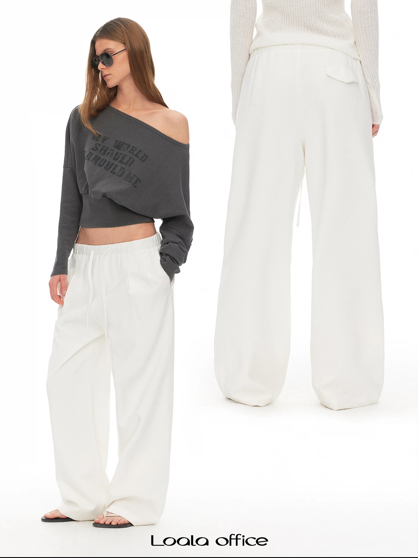 

Loala Office Low Waist Drawstring Ice Silk Loose Straight Leg Casual Pants Women's Spring Fashion Loose Style White Trousers