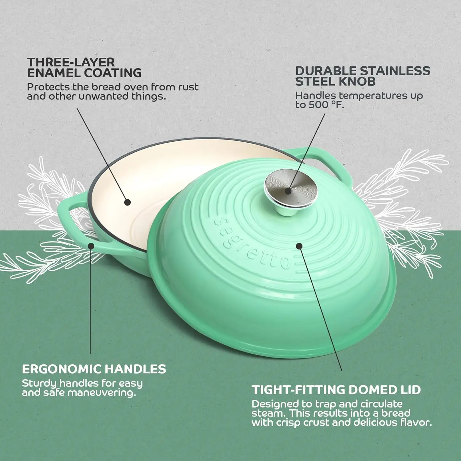 مقلاة خبز من الحديد الزهر المطلي بالمينا مع غطاء مقاس 11 بوصة فرن خبز أخضر مقلاة خبز من الحديد الزهر، فرن هولندي للخبز، بدون توابل