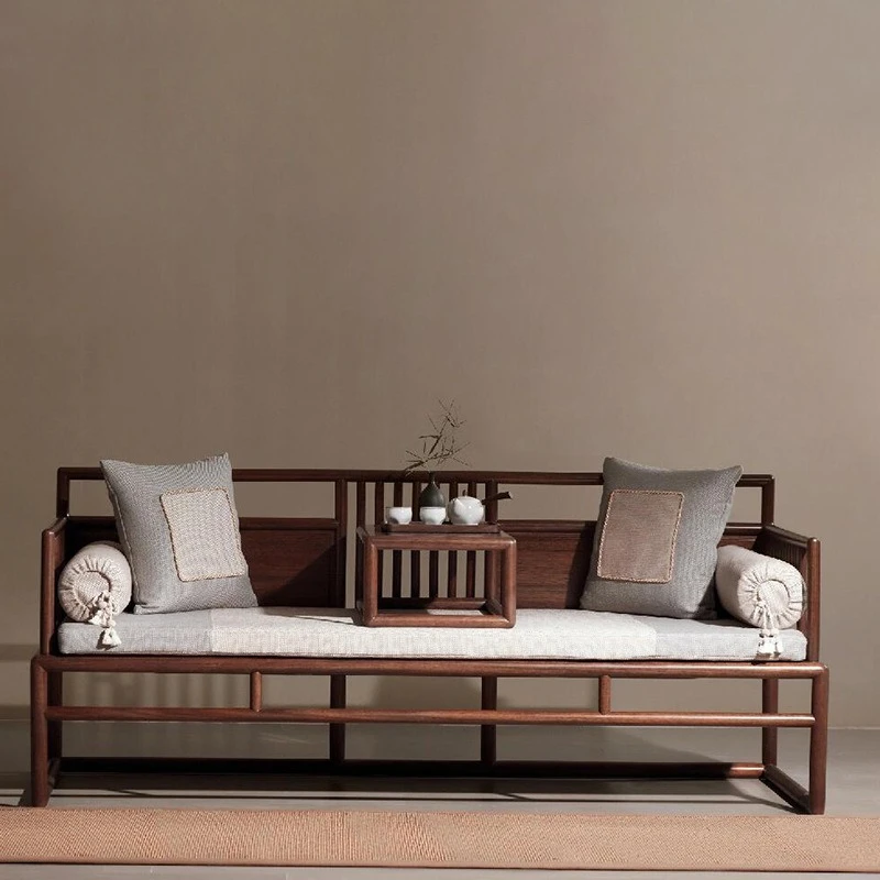 

New Chinese Solid Wood Arhat Bed Simple Living Room Arhat Small Unit Black Walnut Sofa