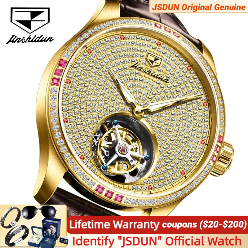 

JSDUN 832 Original Tourbillon Men's Watch Gold Diamond Dial Waterproof Leather Strap High Quality Men's Wristwatch