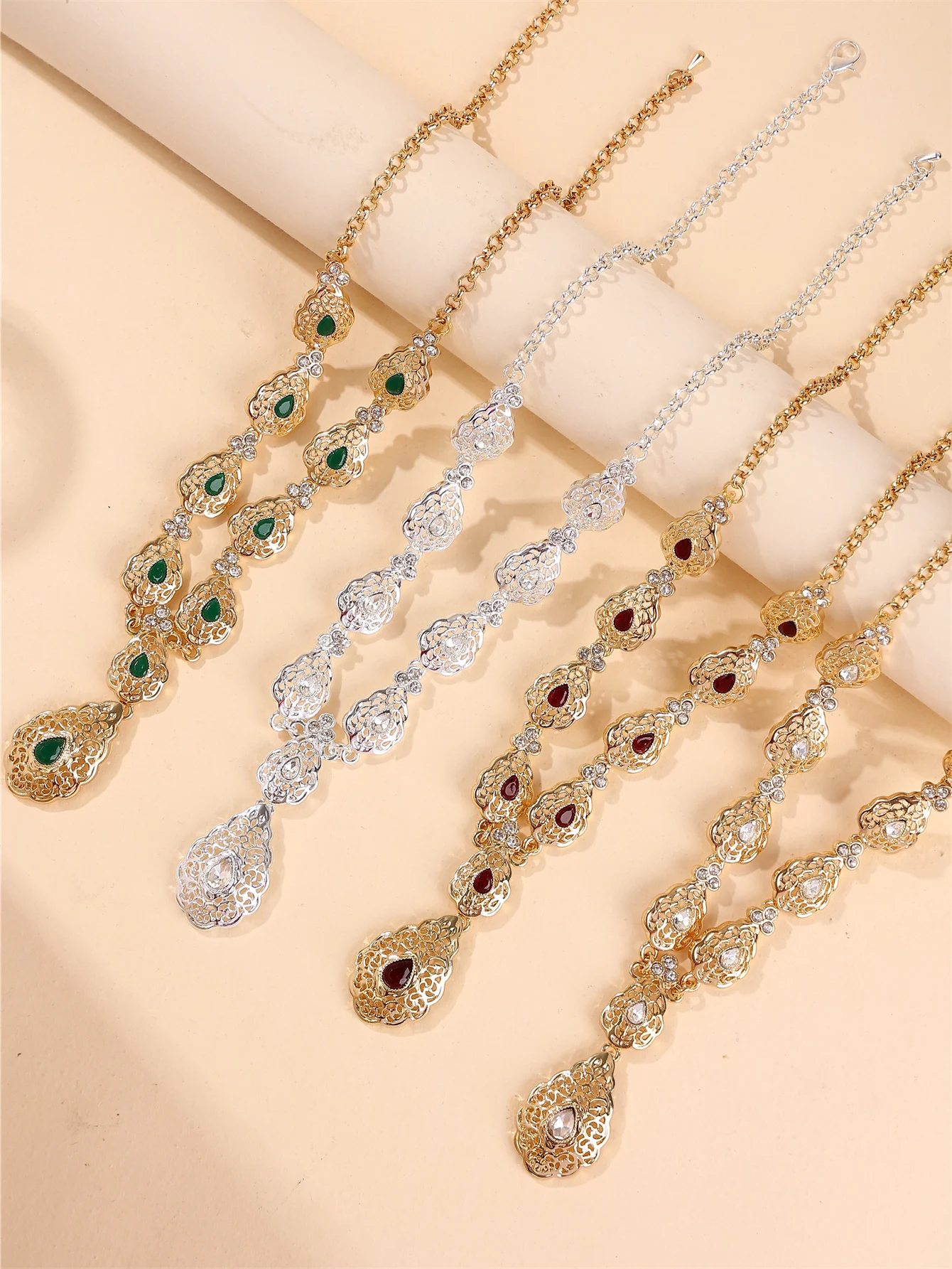 1 Set Vintage Palast-Stil Damen Halskette und Ohrringe Schmuckset, Tropfenförmig mit Strass-Einlagen, Schmuckset für Arabische Frauen für Hochzeiten, Bankette und Feste – Detail 2