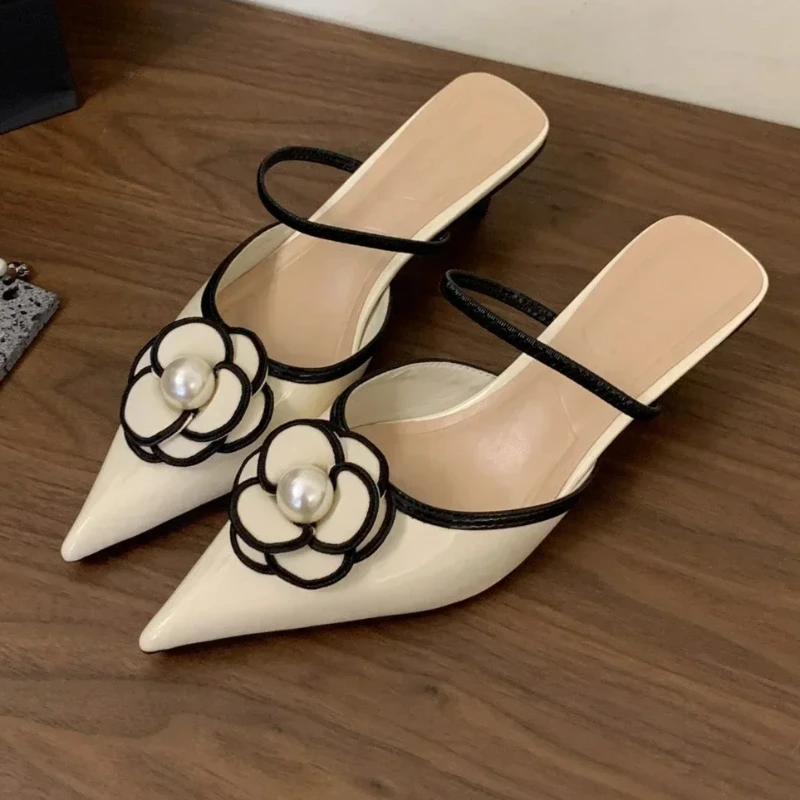 

Flower Designer Pumps Mules Women Sandals Pointed Toe Slides Fashion Vacation Dress Brand Elegant High Heeled Slippers Women