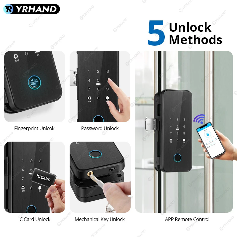 Imagem -03 - Yrhand-ttlock Inteligente Vidro Door Lock Desbloqueio Bluetooth Impressão Digital App Card Senha Controle Remoto Bloqueio de Alarme