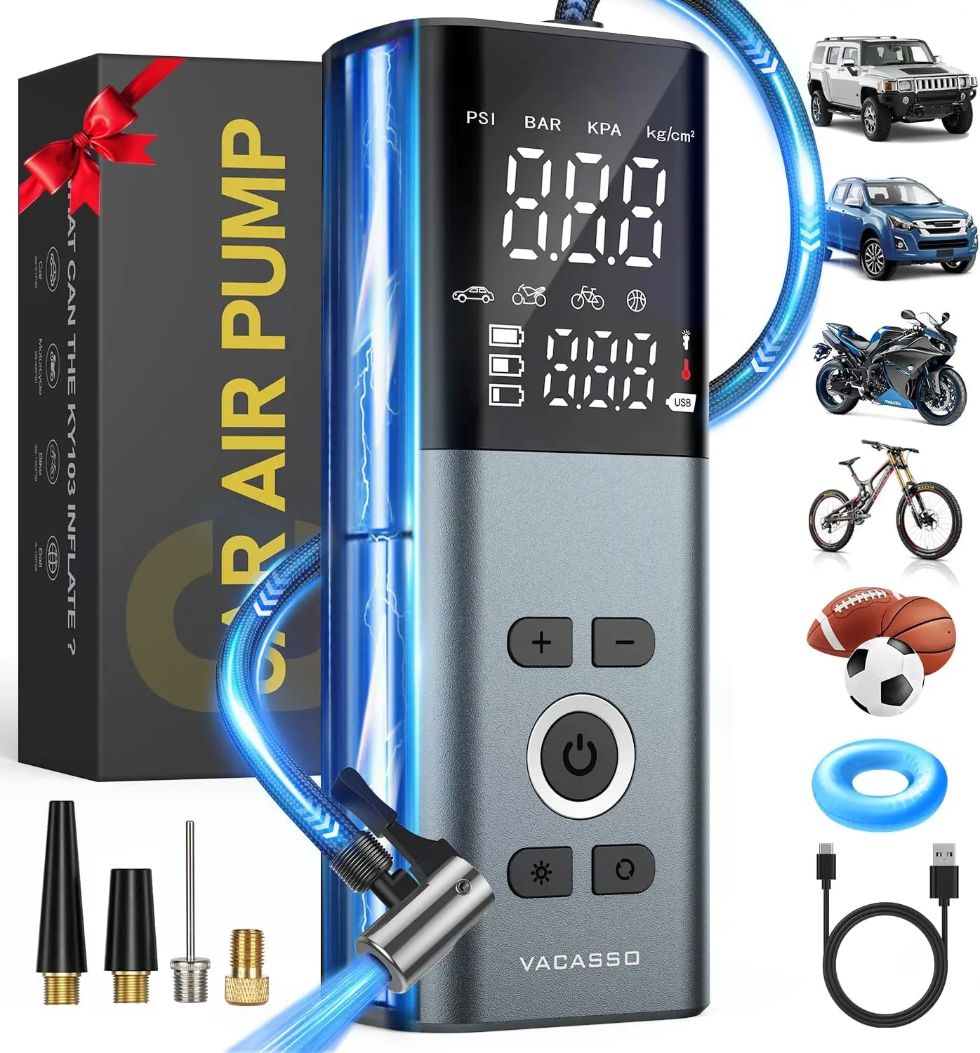 

Portable Tire Inflator 150PSI Air Compressor with Gauge, Cordless Smart Autostop for Car, Motorcycle, Bike, Balls