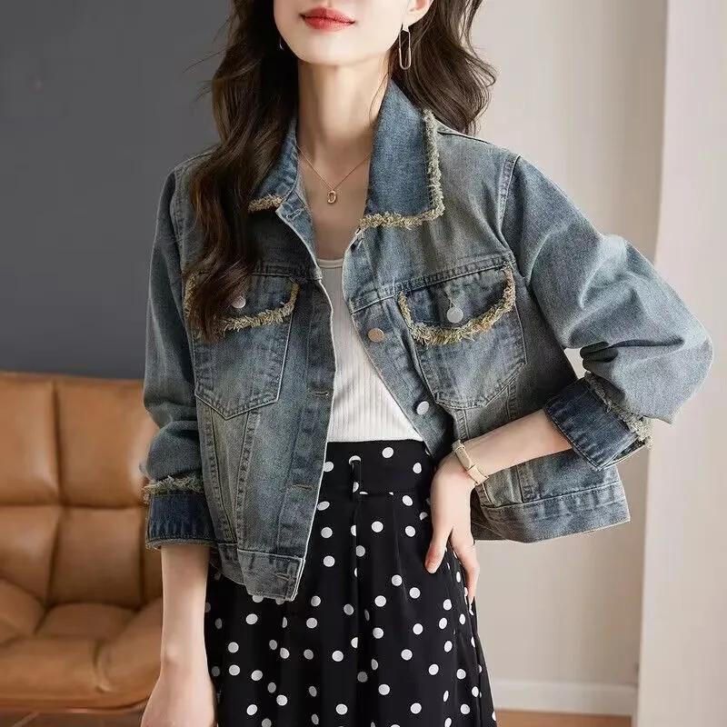 Jaket jins wanita, baju Denim lengan panjang kasual, rumbai jalanan longgar Musim Semi dan Gugur