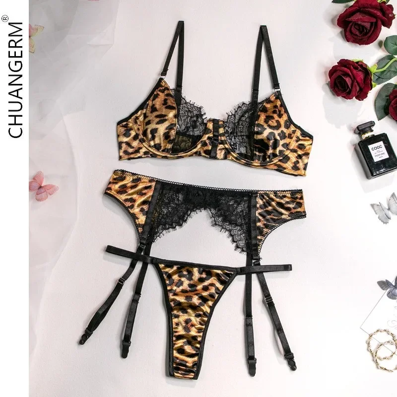 

CHUANGERM Leopard Lace Spliced Sensual Bra&Briefs Suits Porno Strapless Corset Lingerie Women Club Sheath Underwear 3 Piece Sets