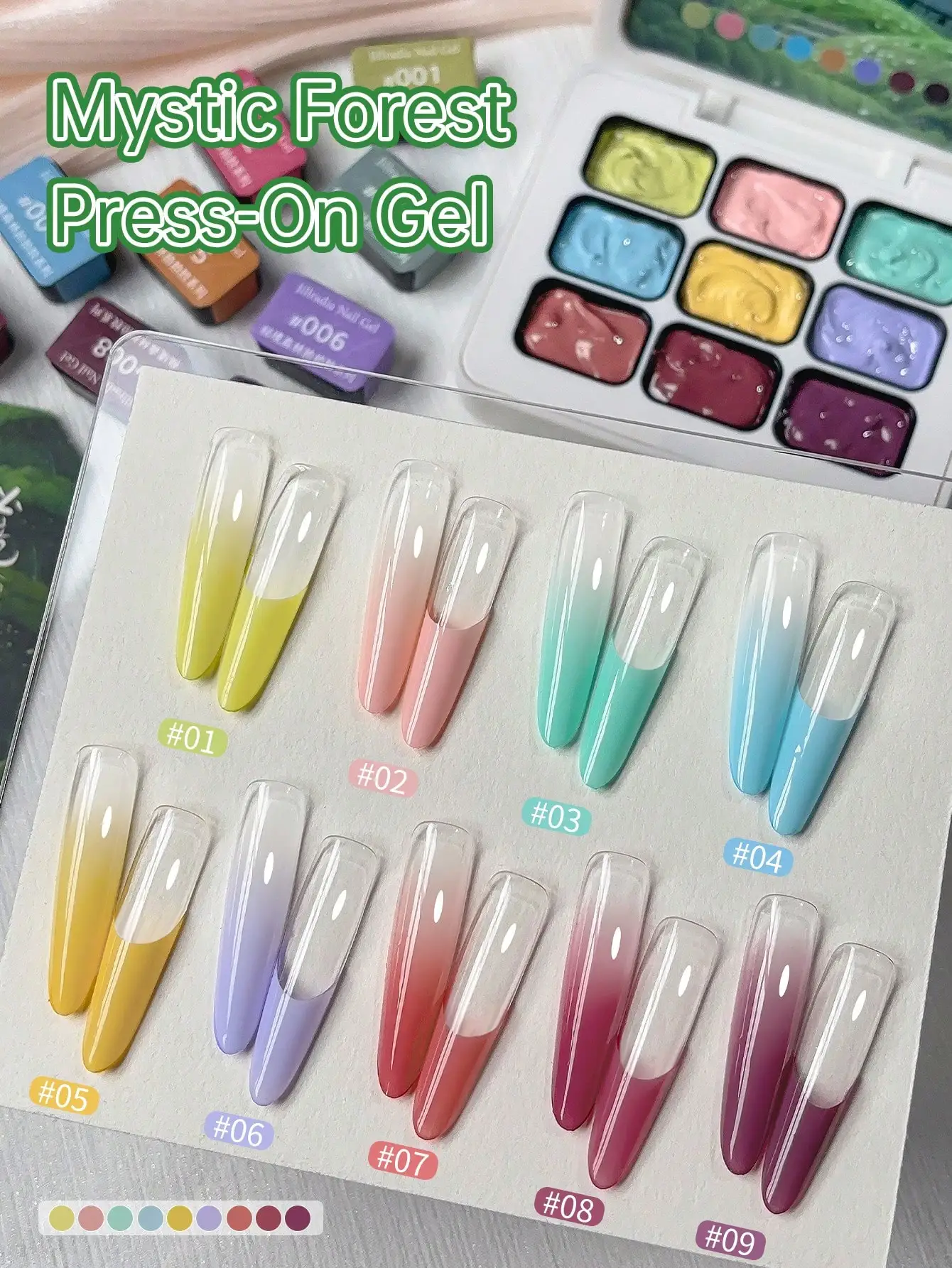 Jillradia 9pcs Mystic Forest Press-On Gel Nail Polish Set,  Quick Dry & Long Lasting Nail Art Gel Kit