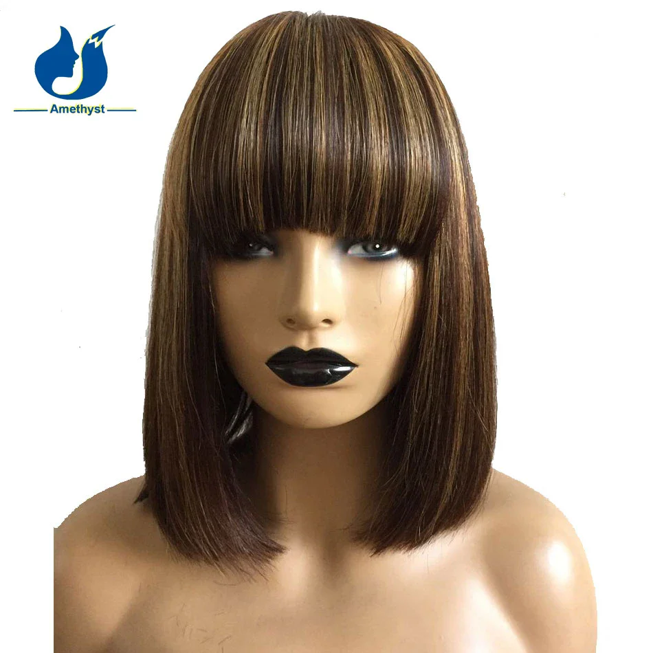 Amethyst Straight Short Bob Peruca com Franja para Mulheres, 100% Cabelo Humano, O Scalp Top, Máquina Completa Feita, Destaque, 3/4 Destaque