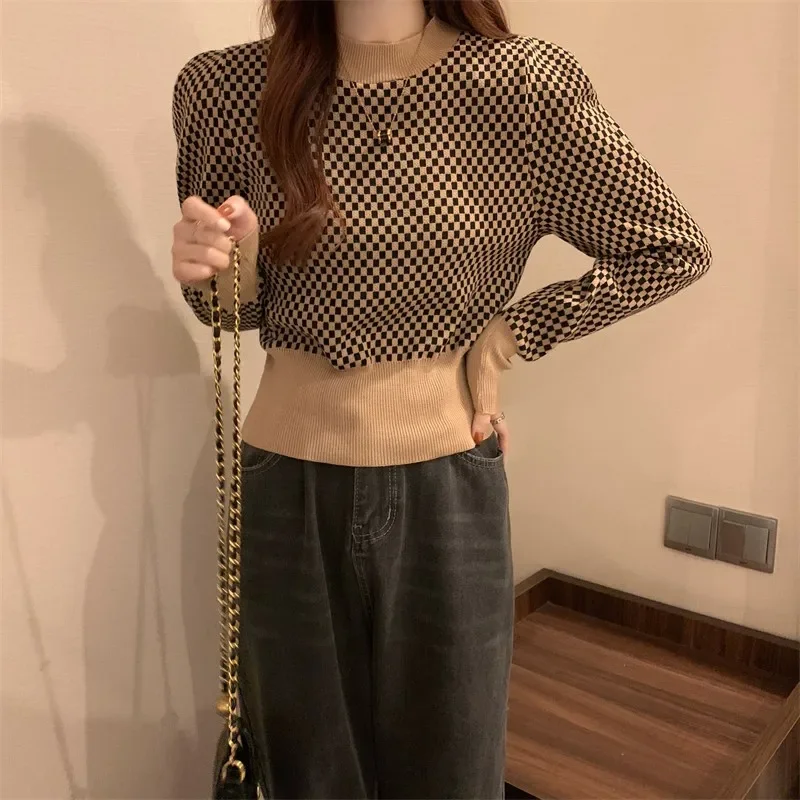 

Panelled Plaid Long Sleeve Pullovers Women Winter New Korean Style Soft Casual Fashion Hot Sale Chic Simple All-match Vintage