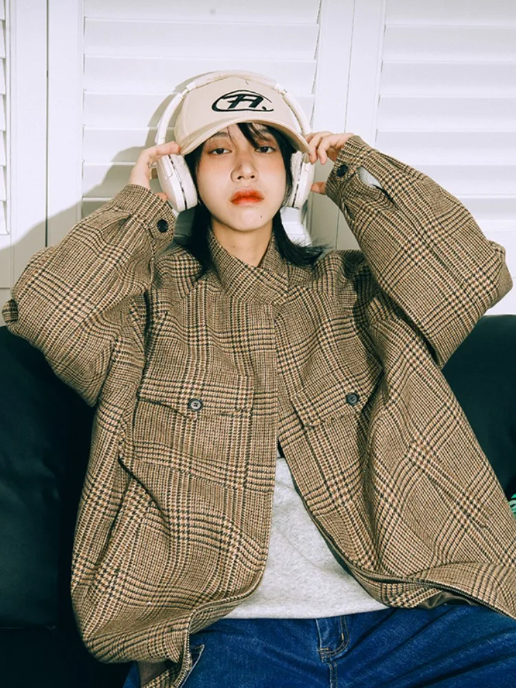 

Мужская куртка-харрингтон в клетку Ootd, весенне-осенняя, в американском ретро-стиле, с воротником-стойкой, верхняя одежда