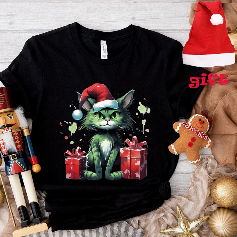 Funny Christmas Cat Gife Tops for Women Party T-Shirt Fashion Harajuku Female Clothing Short Sleeve Tees with Christmas Hats