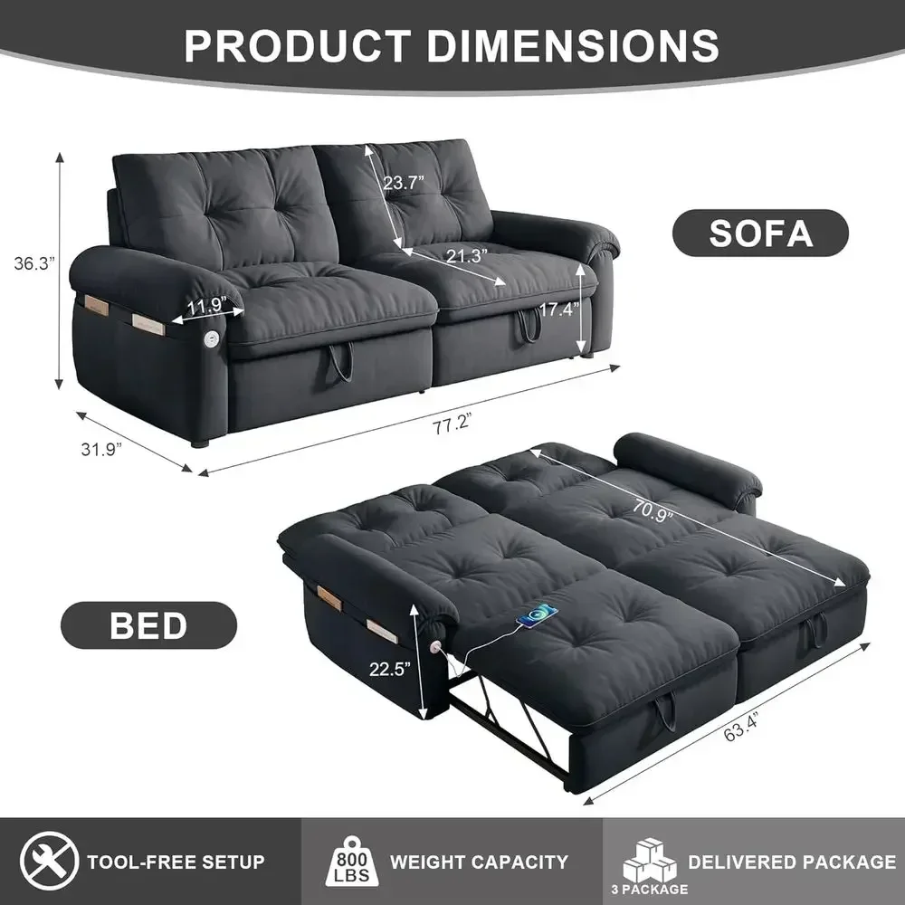Queen Size Sofa Bed with Pull-Out Couch, Adjustable Backrest, USB Ports, and Side Pockets - Ideal for Space-Saving Living Rooms