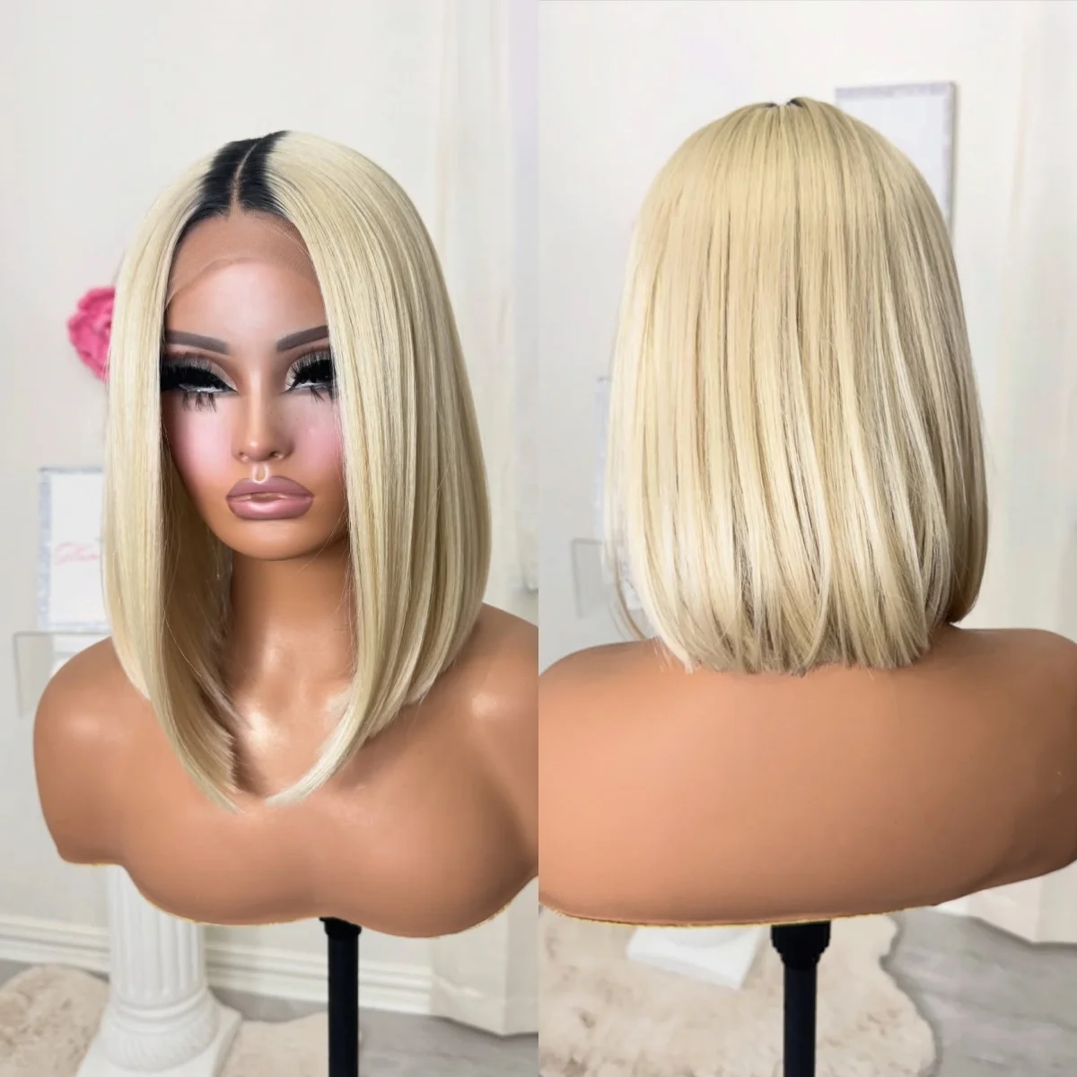 

Natural Straight Bob Hair Light Blonde Shadow Roots Synthetic Lace Frontal Wigs Small Large Cap Size Glueless Realistic Look Wig