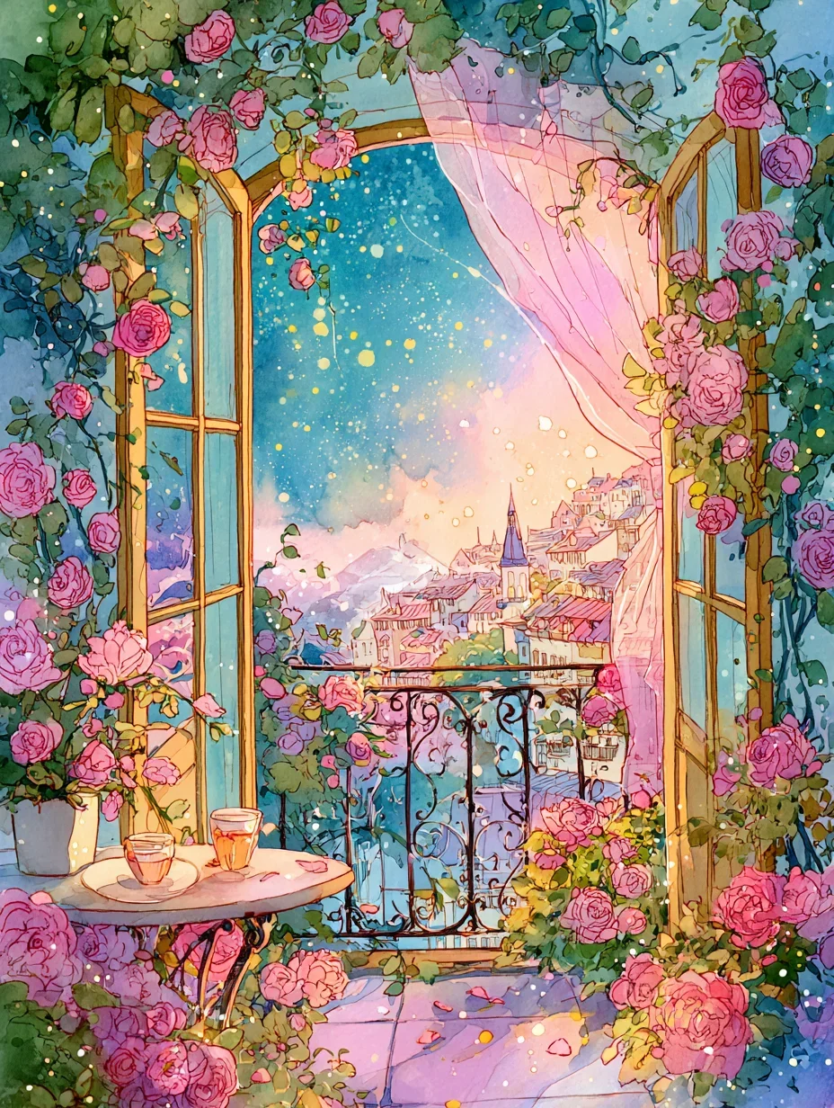 DIY Pink Rose French Balcony Star Moon Town Window Tea Table Diamond Painting Mosaic Handmade Art Exquisite Home Decoration