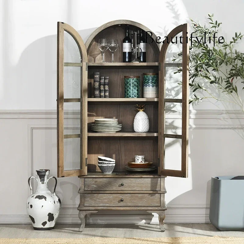 

American country arched door solid wood dining side living room glass door wine cabinet French retro old display cabinet
