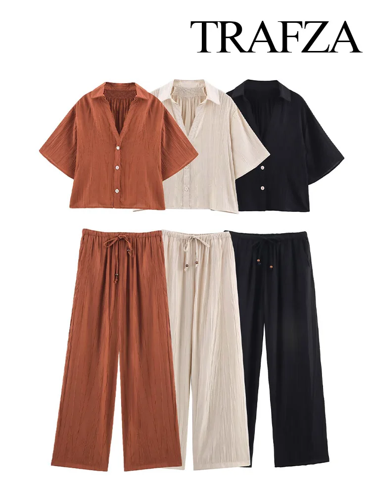 

TRAFZA Women Pants Suit Lapel Single-Breasted Short Sleeve Casual Shirt Top+High Waist Draw Rope Side Pocket Loose Wide Leg Pant