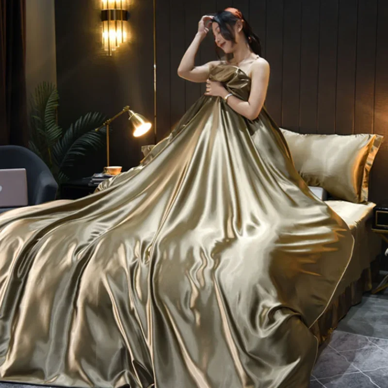 2026 High-End Faux Silk Bedding Set Silky Naked Sleep Solid Bedclothes for Full Queen Luxury American Skin-Friendly Bed Linens