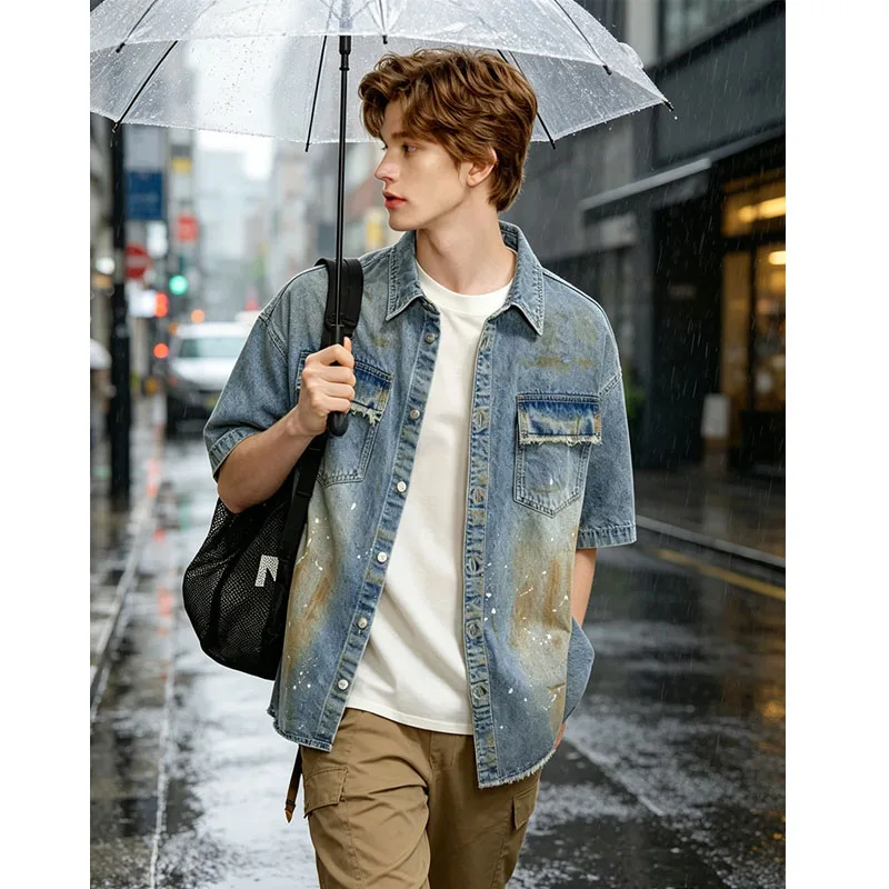 

Summer Men Shirts Casual Washed Denim Short Sleeve Ripped Tee Vintage Retro Streetwear Men Clothing Outerwear