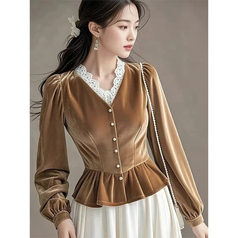 

Fashion Design Sense V-Neck Golden Velvet Shirt New Women Lace Splicing Shirt Blouse Spring Autumn Chic Casual Shirt Top Female