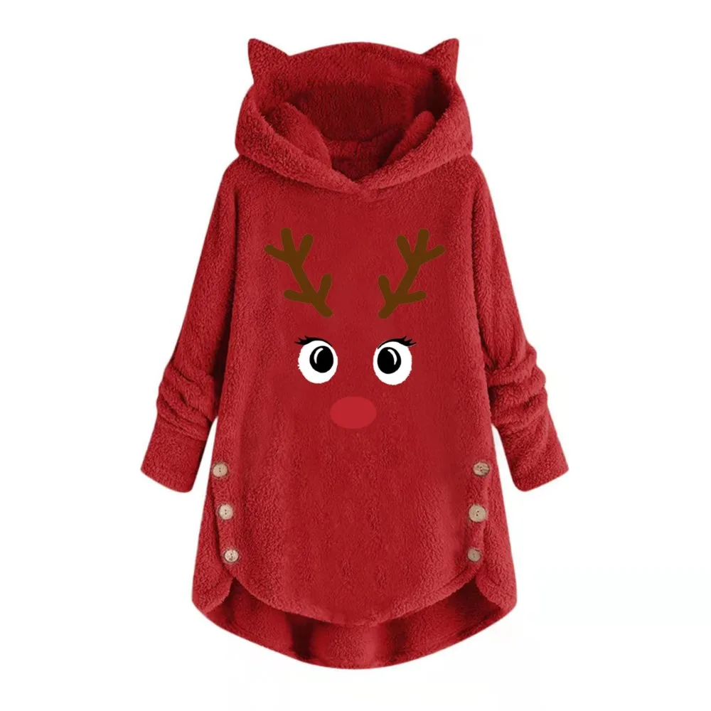 Christmas Plush Hoodie For Women Long Sleeved Printed Deer Ear Tips Double Row Buckle Irregular Hooded Sweatshirts  Y2k Hoodies