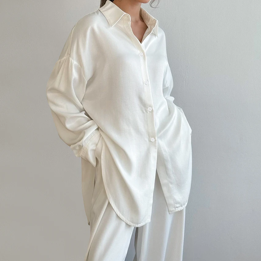 HiLoc White Casual Woven Inelastic Women'S Pajamas 2-Piece Long Sleeve Lapel Single-Breasted Top Elastic Waist Full Length Pants