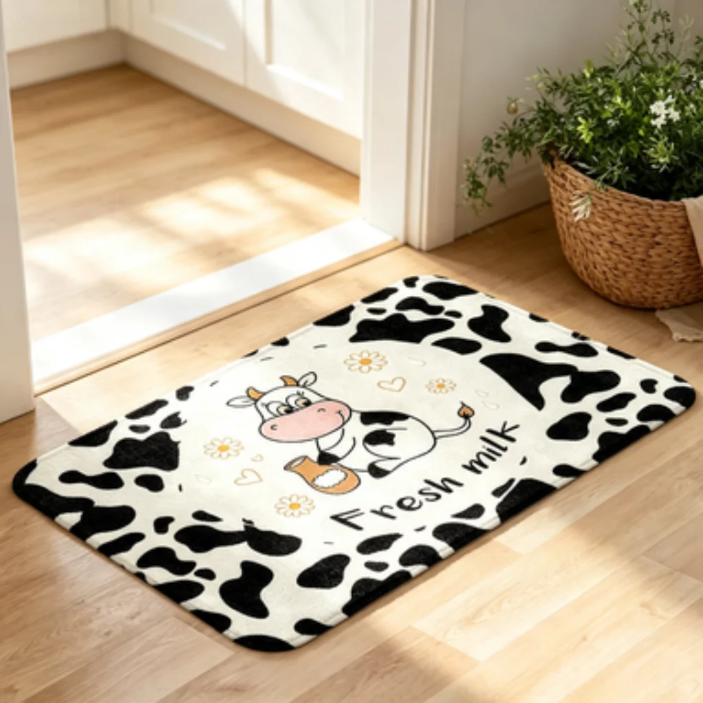 Black White Cow Monster Letter Mat, Cow Spot Print Mat, Cow Monster Bedside Mat, Black White Cartoon Letter Door Mat.