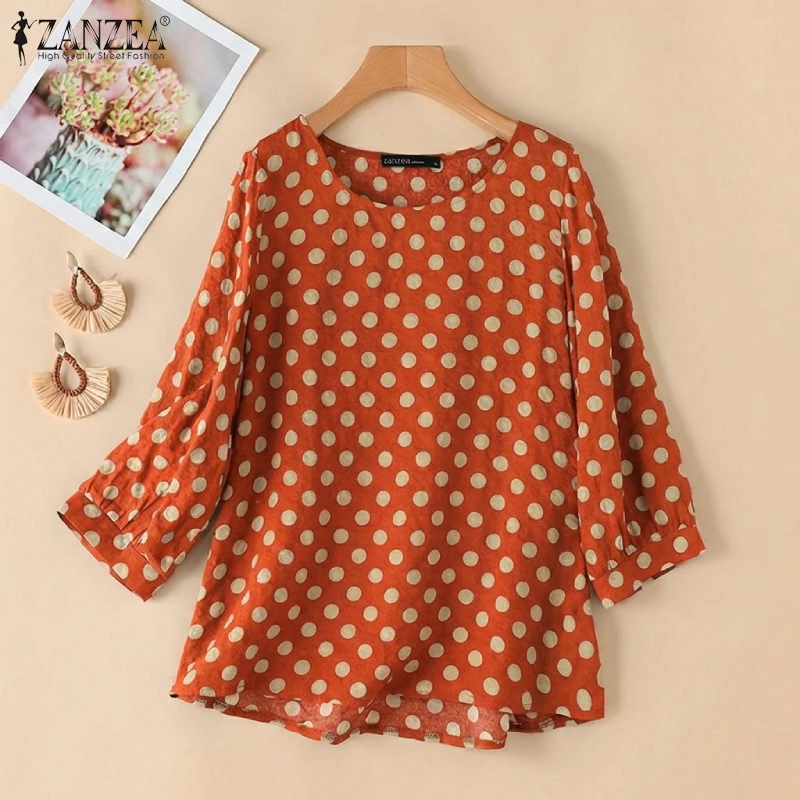 ZANZEA Blusas de algodón y lino con lunares para mujer, cuello redondo, manga 3/4, sueltas, estilo pullover, para primavera y verano, uso diario, Blusas de Mujer