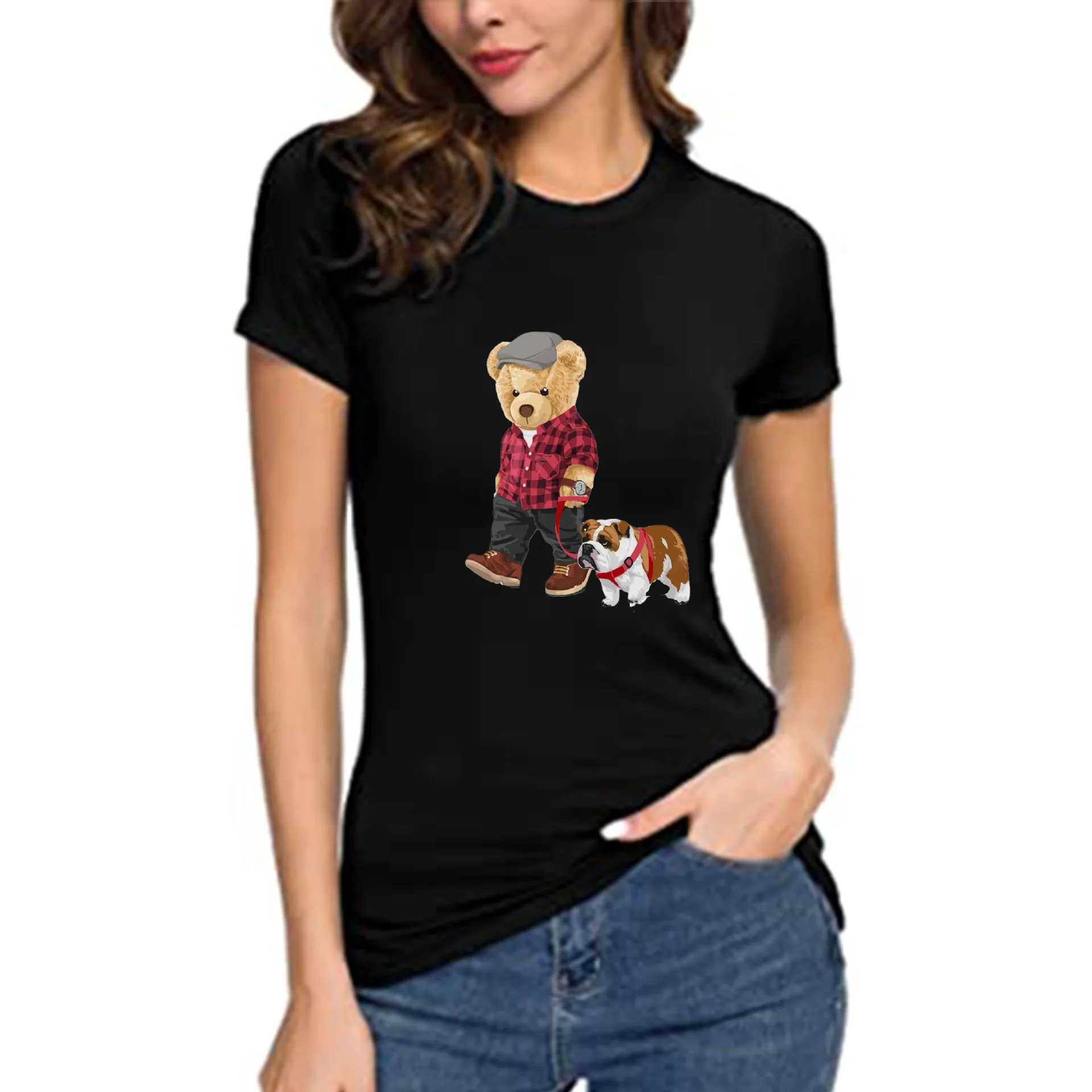 100% Cotton Bear Walking Top T-shirts Summer 2022 T-shirts Women's Short Sleeve O-neck T-shirts Unisex Fashion Oversized T-shirt