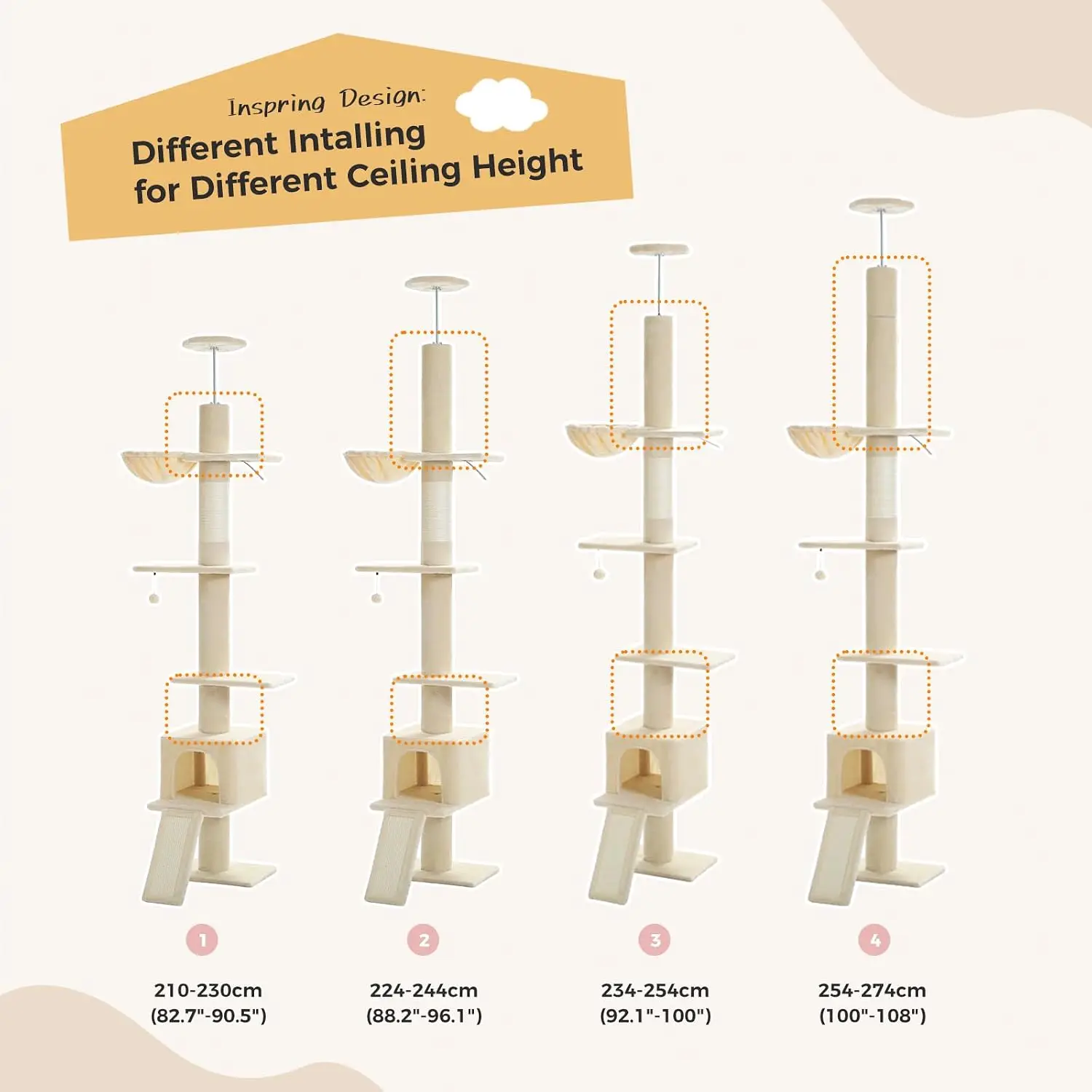 Floor to Ceiling Cat Tree, 5‑Level Tension‑Mounted Tall Cat Tower with Cozy Condo, Hammock and Sisal Scratching Post, Wide Base for Indoor Adult Cats