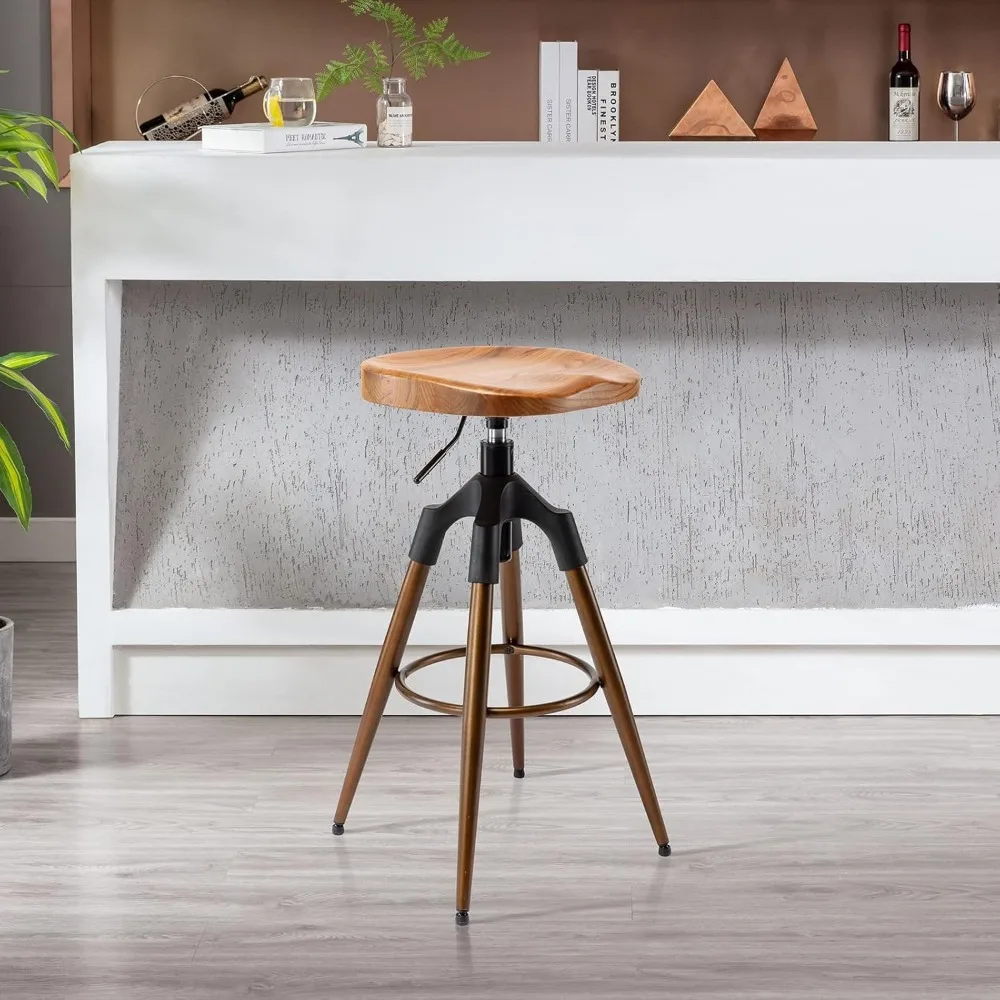 

29-32.5 Inch Industrial Adjustable Bar Stool, Swivel Wood Seat Barstool with Metal Legs, Backless Heavy Duty